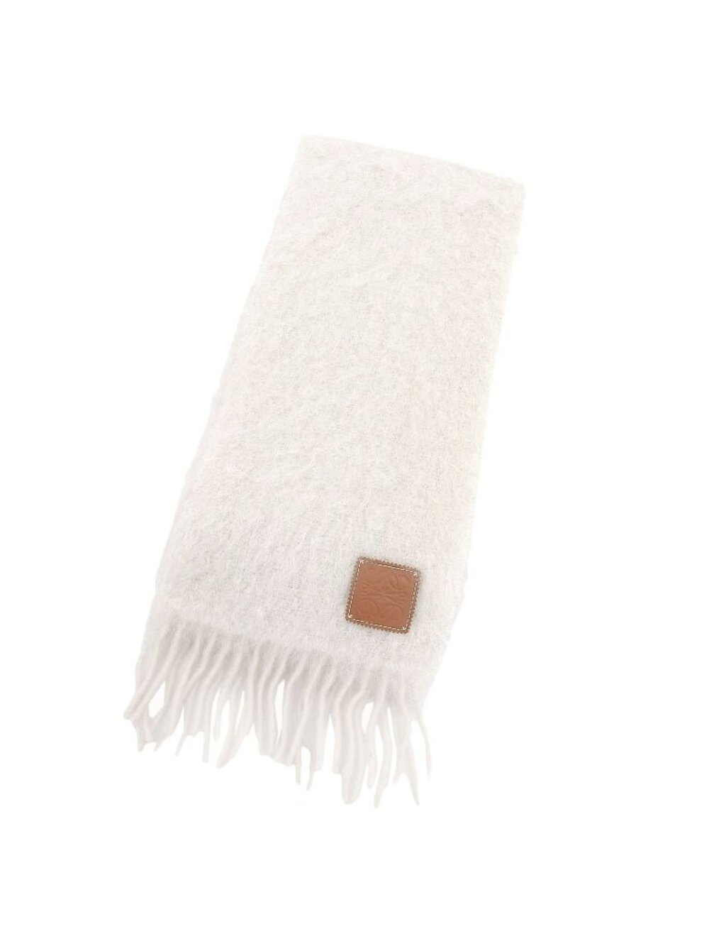 Loewe Mohair Wool Fringe Anagram Leather Patch Scarf Shawl Ivory